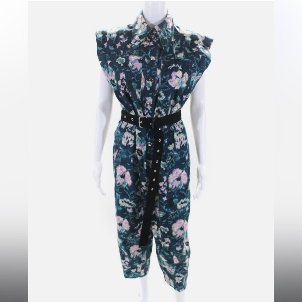 Maria Cher Blue Floral Printed Jumpsuit with Belt, Size S